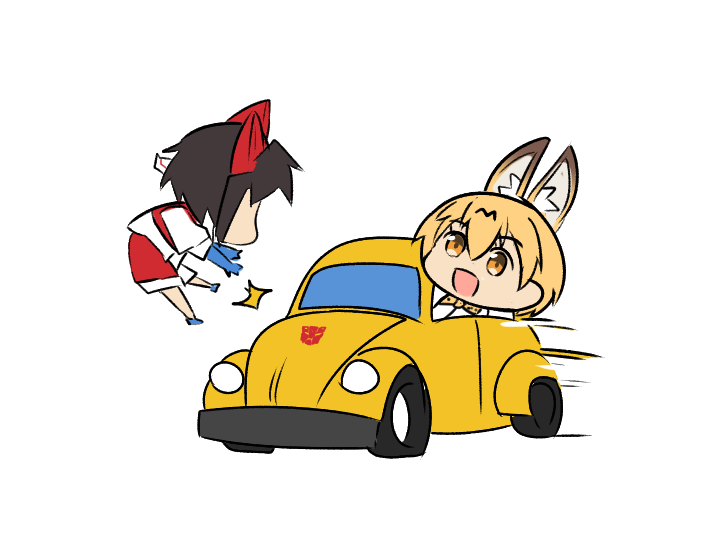 2girls altronage animal_ears black_hair blue_gloves bow bowtie bumblebee car commentary commentary_request crash driving gloves ground_vehicle kemono_friends motor_vehicle multiple_girls open_mouth serval_(kemono_friends) serval_ears simple_background starscream transformers volkswagen_beetle white_background