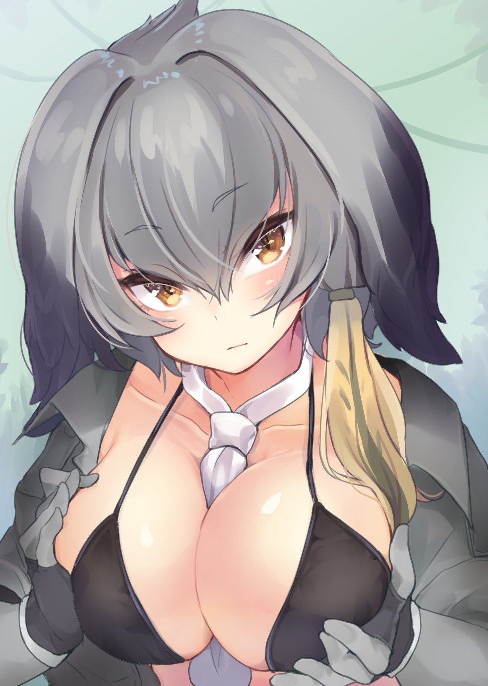 1girl bangs between_breasts black_bikini_top blush bodystocking breasts collarbone collared_shirt eyebrows_visible_through_hair feathers fingerless_gloves gloves green_hair hair_between_eyes head_wings highres irone_(miyamiya38) kemono_friends large_breasts necktie necktie_between_breasts shirt shoebill_(kemono_friends) side_ponytail solo white_necktie