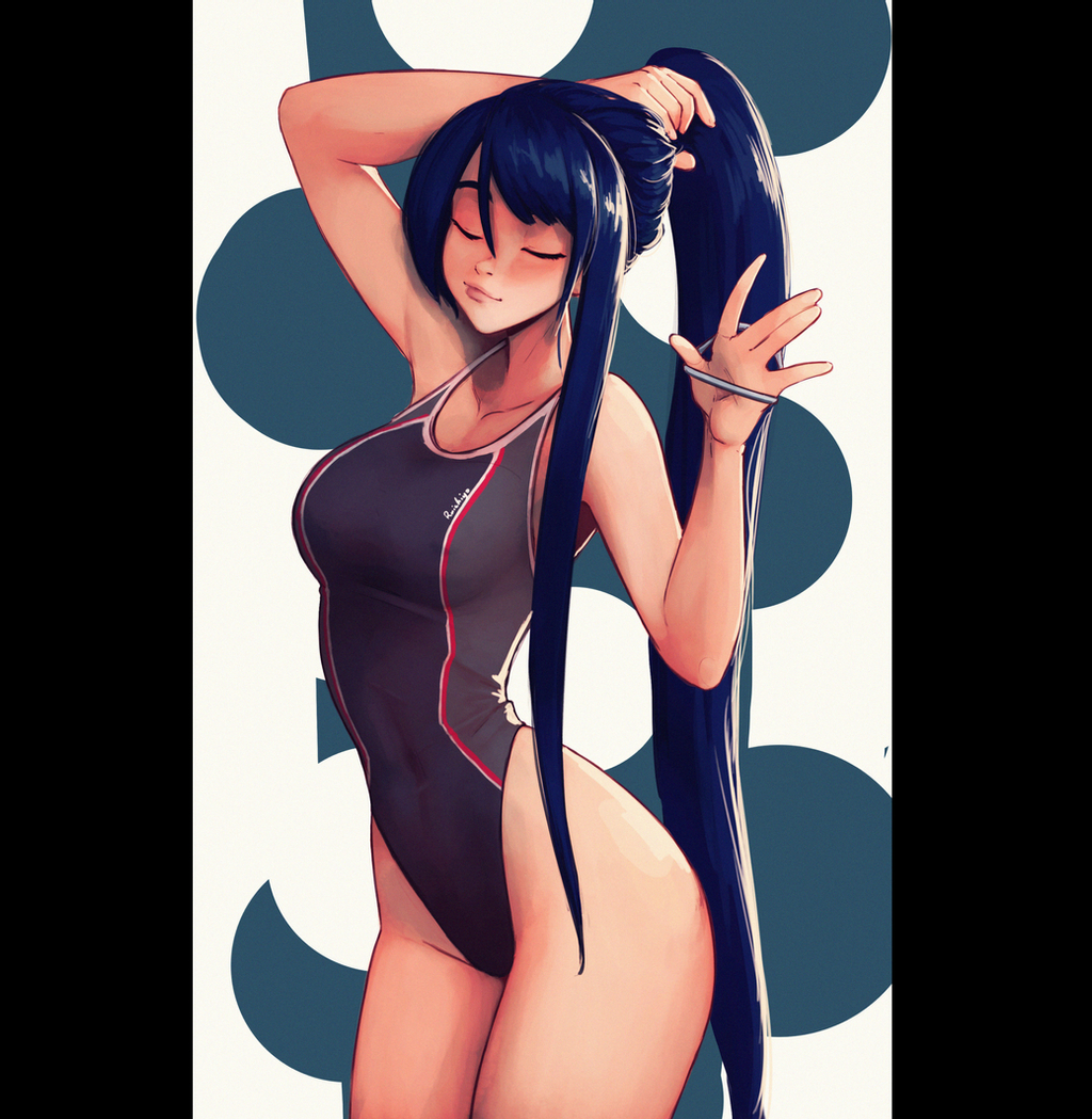 1girl bangs blue_hair breasts closed_eyes collarbone competition_swimsuit covered_navel eiyuu_densetsu eyebrows_behind_hair hair_tie head_tilt holding holding_hair laura_s._arseid long_hair making-of_available medium_breasts one-piece_swimsuit open_hand ponytail raichiyo33 smile solo sora_no_kiseki swimsuit tying_hair very_long_hair