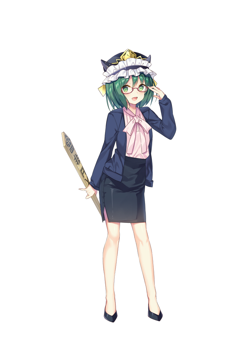 1girl :d alternate_hairstyle bekotarou blouse full_body glasses green_eyes green_hair hat jacket legs long_sleeves looking_at_viewer open_clothes open_jacket open_mouth pencil_skirt red-framed_eyewear rod_of_remorse shiki_eiki short_hair simple_background skirt smile solo standing touhou white_background white_blouse