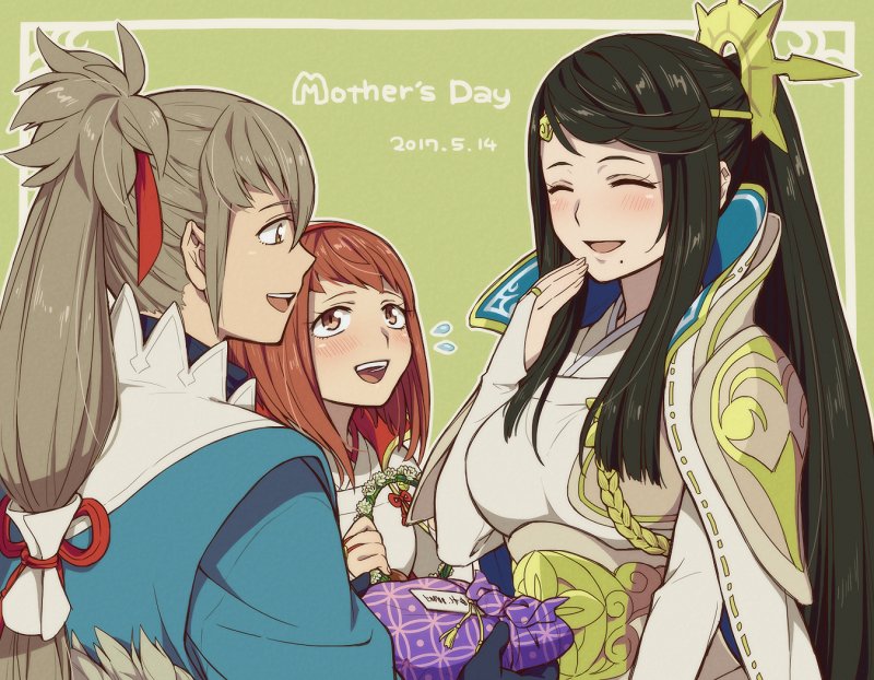 1boy 2017 2girls black_hair blush closed_eyes dress fire_emblem fire_emblem_if hairband hiyori_(rindou66) japanese_clothes long_hair mikoto_(fire_emblem_if) mole mole_under_mouth mother's_day mother_and_daughter mother_and_son multiple_girls open_mouth ponytail redhead sakura_(fire_emblem_if) short_hair smile takumi_(fire_emblem_if) very_long_hair white_hair