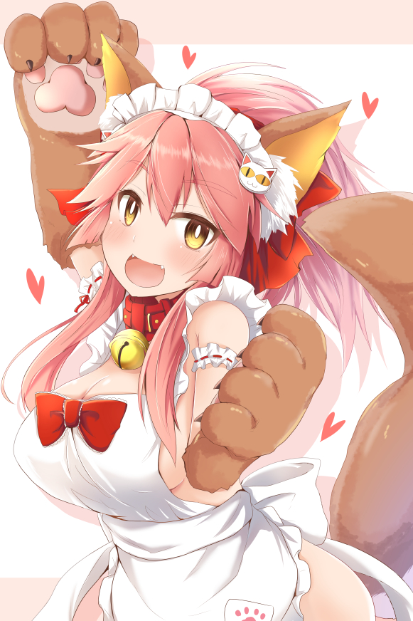 1girl :d animal_ears apron arm_garter arm_up blush breasts cat_hair_ornament cleavage fangs fate/grand_order fate_(series) fox_ears fox_tail gloves hair_ornament large_breasts long_hair looking_at_viewer maid_headdress naked_apron open_mouth paw_gloves paws pink_hair ponytail ram_hachimin smile solo tail tamamo_(fate)_(all) tamamo_cat_(fate) yellow_eyes