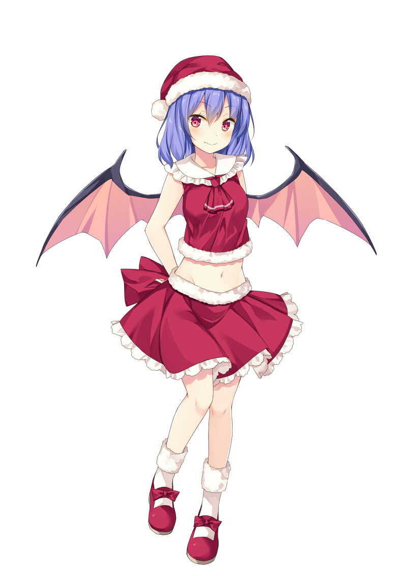 1girl ascot bare_arms bat_wings bekotarou blue_hair closed_mouth crop_top full_body hat looking_at_viewer mary_janes midriff miniskirt navel red_eyes red_hat red_skirt remilia_scarlet sailor_collar santa_hat shoes short_hair simple_background skirt sleeveless smile solo standing touhou white_background wings
