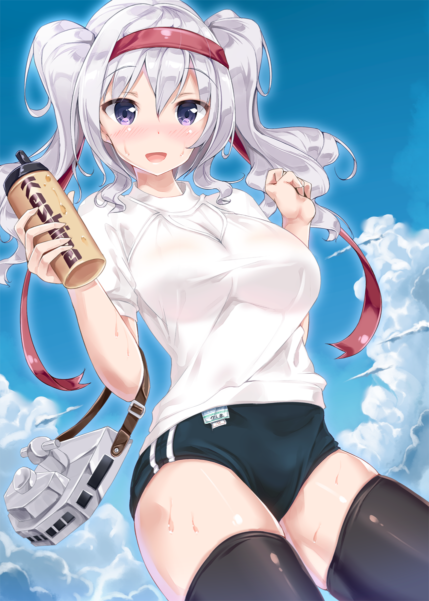 1girl :d bag black_legwear blue_sky bottle breasts buruma clouds cowboy_shot day erect_nipples fukuda_shuushi gym_uniform handbag headband highres holding holding_bottle kantai_collection kashima_(kantai_collection) large_breasts looking_at_viewer name_tag no_bra open_mouth see-through shirt short_hair short_sleeves short_twintails silver_hair skindentation sky smile solo sportswear thigh-highs twintails violet_eyes wavy_hair wavy_mouth wet wet_clothes wet_shirt