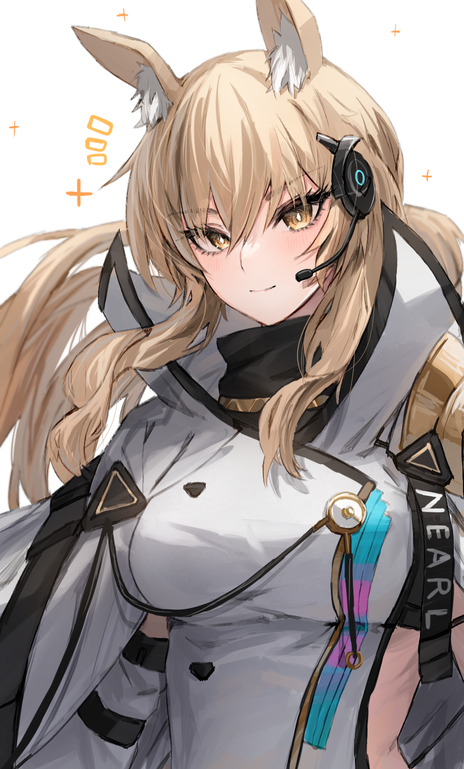 1girl animal_ear_fluff animal_ears arknights armor bangs blush breasts bright_pupils character_name closed_mouth dress eyebrows_visible_through_hair headset highres horse_ears large_breasts long_hair looking_at_viewer midriff_peek nearl_(arknights) nearl_the_radiant_knight_(arknights) ponytail raw_egg_lent shoulder_armor sidelocks smile solo upper_body white_dress yellow_eyes