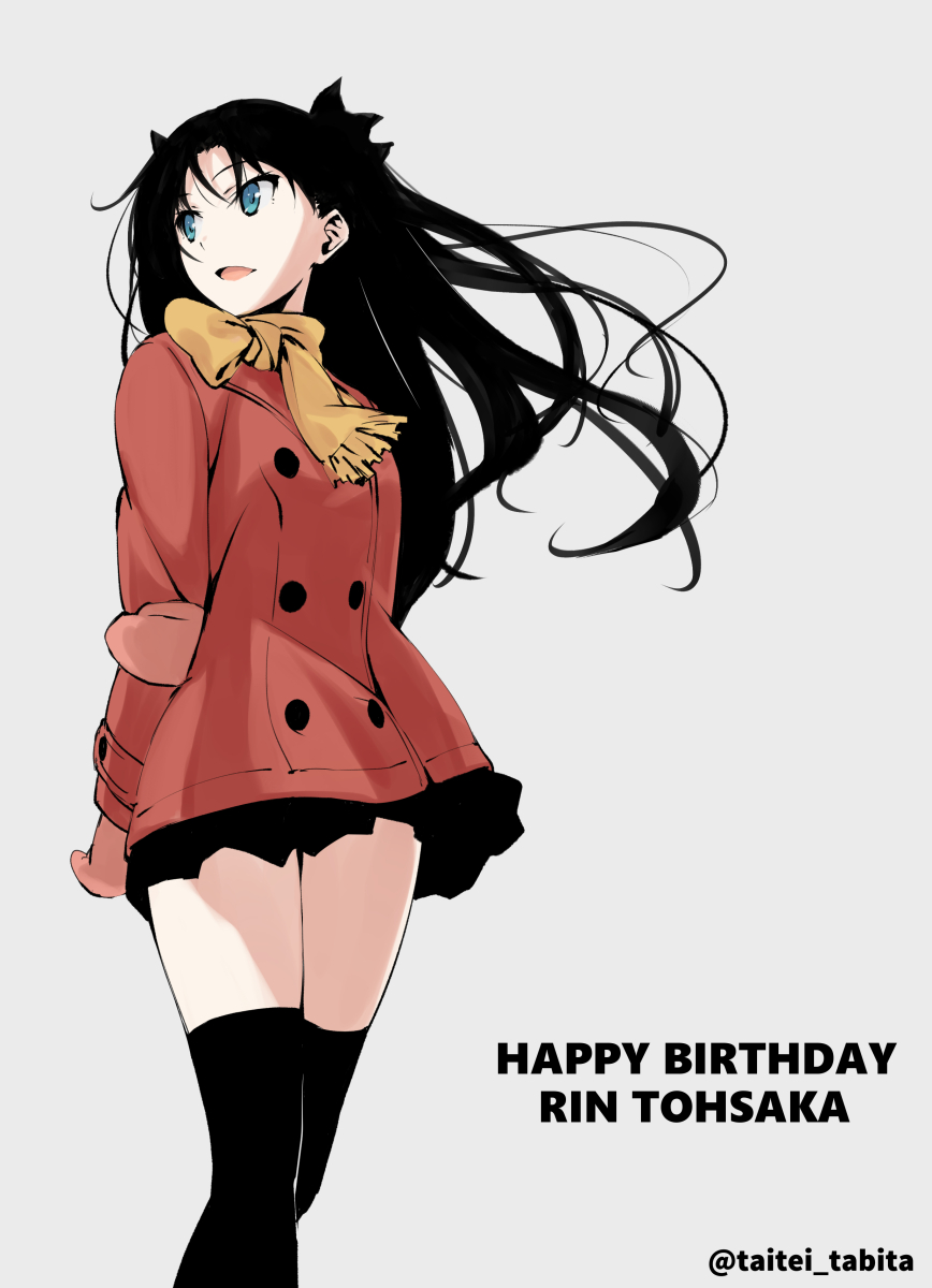 1girl black_hair black_legwear character_name coat fate/stay_night fate_(series) floating_hair fringe grey_background happy_birthday highres long_hair looking_to_the_side miniskirt mittens pleated_skirt scarf simple_background skirt solo standing tabata_hisayuki thigh-highs thighs tohsaka_rin toosaka_rin twintails twitter_username two_side_up yellow_scarf
