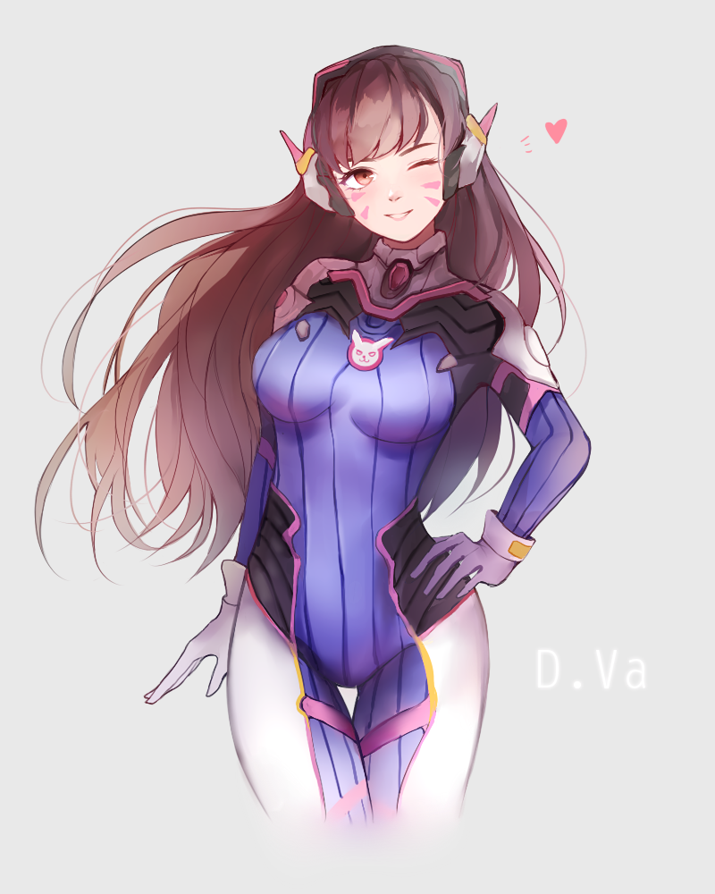 1girl ;d animal_print arm_at_side bad_anatomy bangs blue_bodysuit bodysuit bracer breasts breasts_apart brown_eyes brown_hair bunny_print character_name chayuu cowboy_shot d.va_(overwatch) eyelashes facepaint facial_mark gloves gluteal_fold grey_background hand_on_hip headphones heart lips long_hair long_sleeves medium_breasts nose one_eye_closed open_mouth overwatch pauldrons pilot_suit pink_lips ribbed_bodysuit shoulder_pads simple_background skin_tight smile solo teeth thigh_gap turtleneck whisker_markings white_gloves