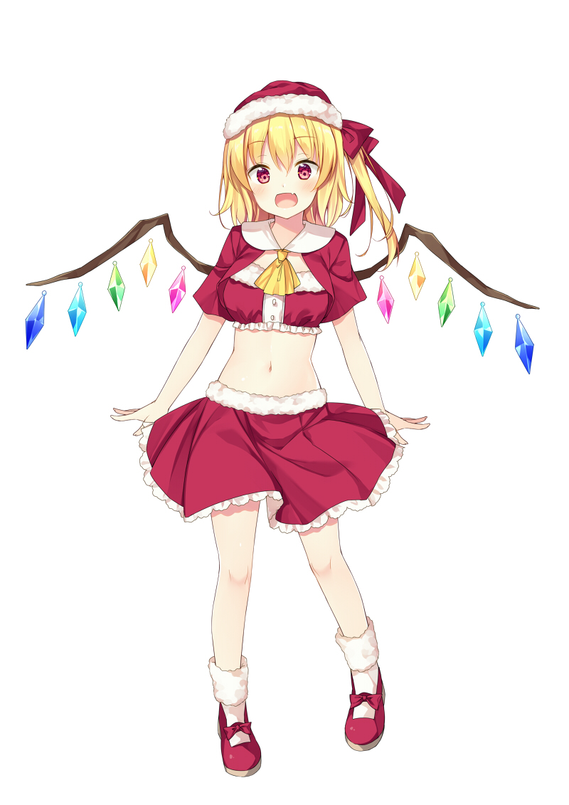 1girl :d ascot bare_legs bekotarou blonde_hair blush crop_top cropped_jacket eyebrows_visible_through_hair flandre_scarlet full_body hair_ribbon hat looking_at_viewer midriff miniskirt navel open_mouth pink_eyes red_hat red_ribbon red_skirt ribbon short_hair short_sleeves side_ponytail simple_background skirt smile solo standing touhou white_background wings