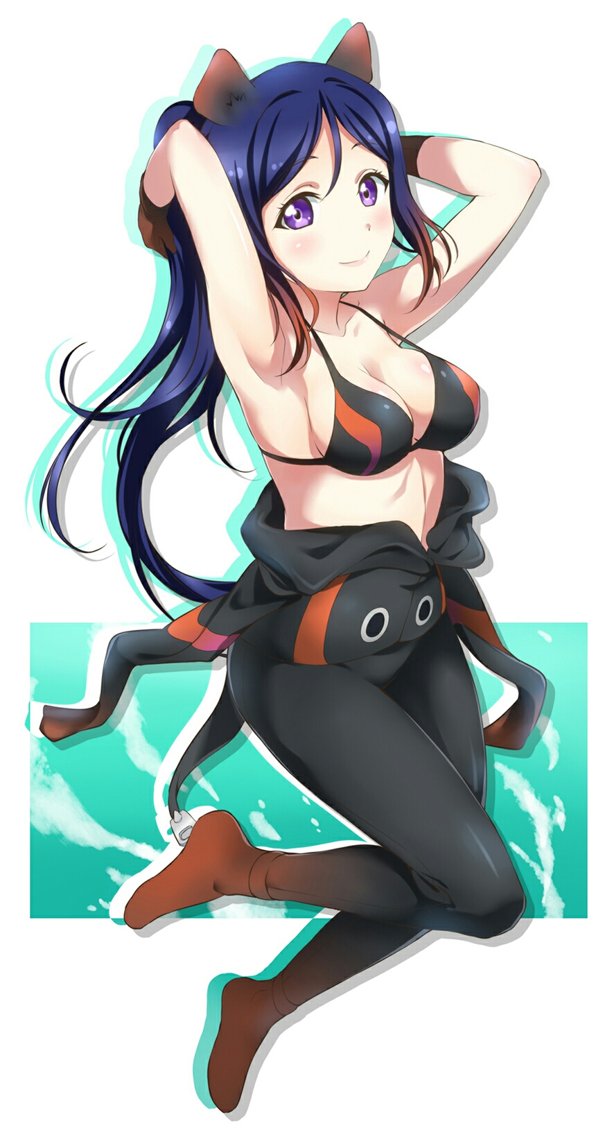 1girl armpits arms_up black_bikini_top black_pants black_shirt blue_hair breasts brown_gloves brown_hair cleavage closed_mouth clothes_down collarbone cosplay from_side full_body gloves highres hippopotamus_(kemono_friends) hippopotamus_(kemono_friends)_(cosplay) hippopotamus_ears kemono_friends long_hair love_live! love_live!_sunshine!! matsuura_kanan medium_breasts multicolored_hair pants ponytail shirt silhouette smile solo strap_gap surfing_orange two-tone_hair very_long_hair violet_eyes white_background zipper