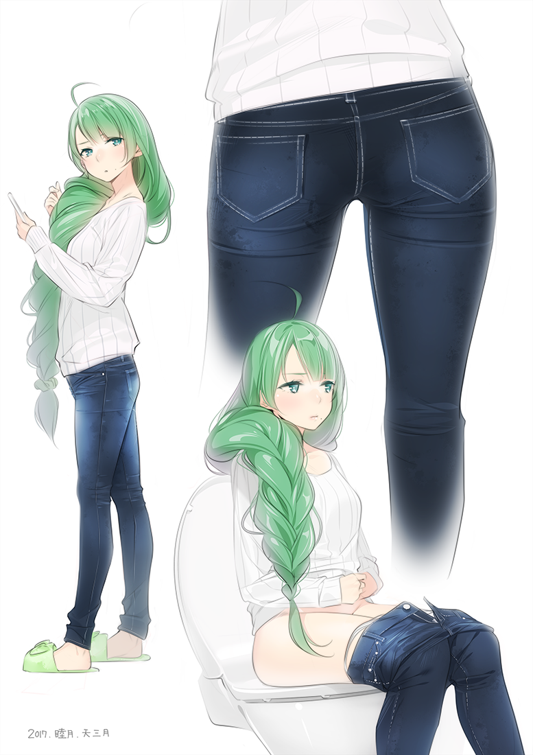 1girl ahoge ama_mitsuki ass bangs braid casual cellphone commentary dated denim from_behind full_body green_eyes green_hair hair_over_shoulder holding jeans kantai_collection long_hair mole mole_under_mouth multiple_views open_fly panties pants panty_pull phone single_braid sitting slippers standing toilet toilet_use unbuttoned underwear very_long_hair white_panties yuugumo_(kantai_collection)