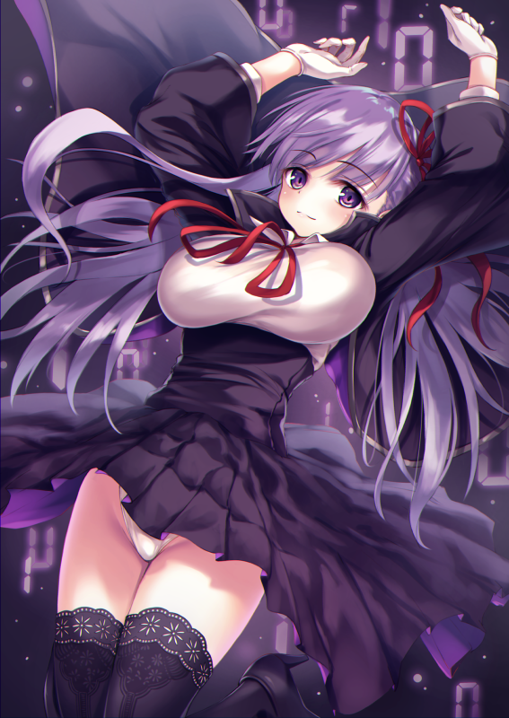 1girl bangs bb_(fate/extra_ccc) black_legwear black_skirt breasts closed_mouth eyebrows_visible_through_hair fate/extra fate/extra_ccc fate_(series) gloves groin high-waist_skirt lace lace-trimmed_thighhighs large_breasts long_hair looking_at_viewer oukatihiro pleated_skirt purple_hair skirt smile solo thigh-highs violet_eyes white_gloves