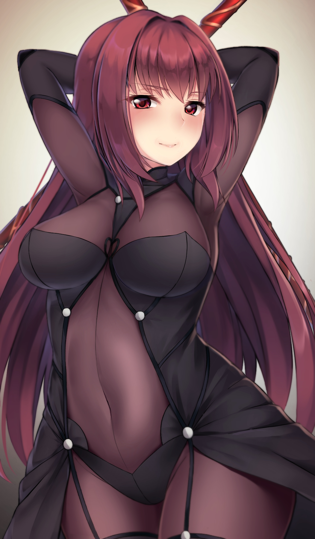 1girl armpits arms_behind_head bodysuit breasts covered_navel fate/grand_order fate_(series) gae_bolg highres hinacalibur large_breasts long_hair polearm purple_bodysuit purple_hair red_eyes scathach_(fate/grand_order) solo spear weapon