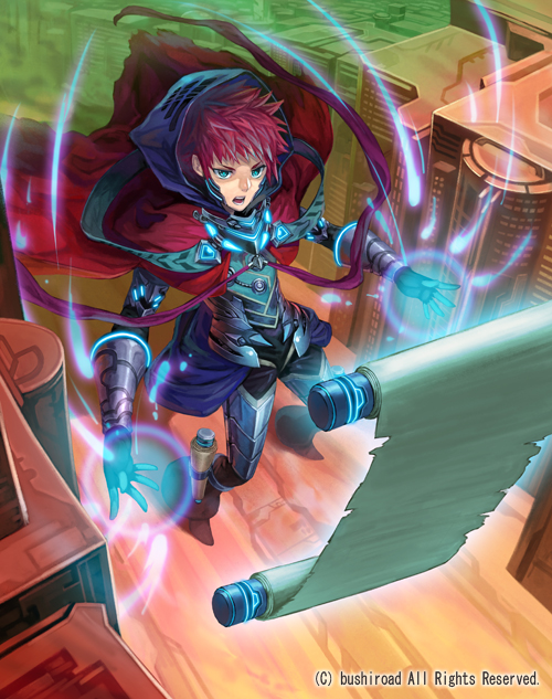1boy armor armored_boots blue_eyes boots building cape cardfight!!_vanguard company_name eloquence_revenger_glonn gloves hood male_focus official_art open_mouth redhead scroll solo teeth terumii