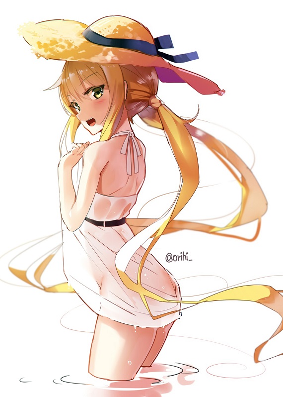 1girl :d blonde_hair dress hat in_water kantai_collection looking_at_viewer open_mouth orihi_chihiro satsuki_(kantai_collection) smile solo straw_hat twitter_username wading wet wet_clothes yellow_eyes