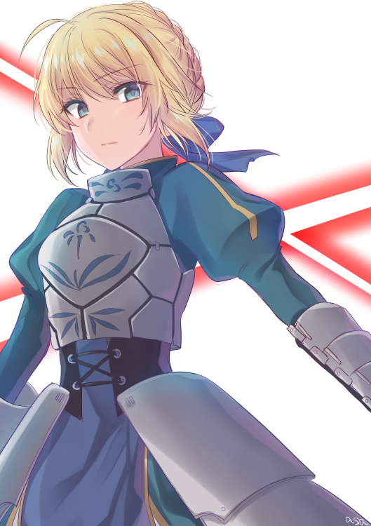 1girl ahoge armor armored_dress asa_(coco) blonde_hair blue_dress caliburn commentary_request dress fate/stay_night fate_(series) gauntlets green_eyes hair_between_eyes hair_bun hair_ribbon long_sleeves looking_at_viewer puffy_long_sleeves puffy_sleeves ribbon saber serious simple_background