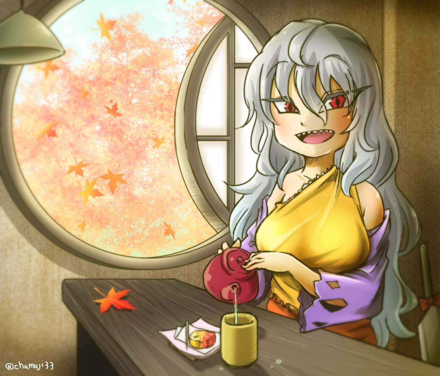 1girl breasts ceiling_light chamaji chopsticks cleaver commentary_request cup detached_sleeves diamond-shaped_pupils eyebrows_visible_through_hair food frills green_tea grey_hair hair_between_eyes highres indoors leaf long_hair looking_at_viewer open_window plate pouring red_eyes sakata_nemuno sharp_teeth single_strap solo symbol-shaped_pupils table tea teapot teeth touhou tree very_long_hair window yunomi