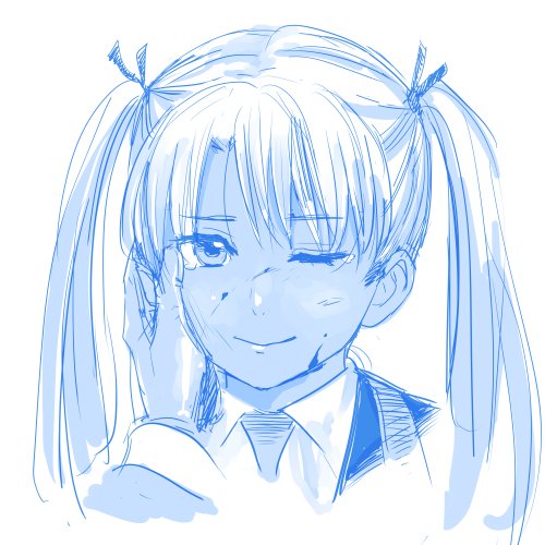 1girl aida_yuu blood blood_on_face gunslinger_girl light_smile long_hair lowres necktie one_eye_closed sketch solo_focus triela twintails white_background