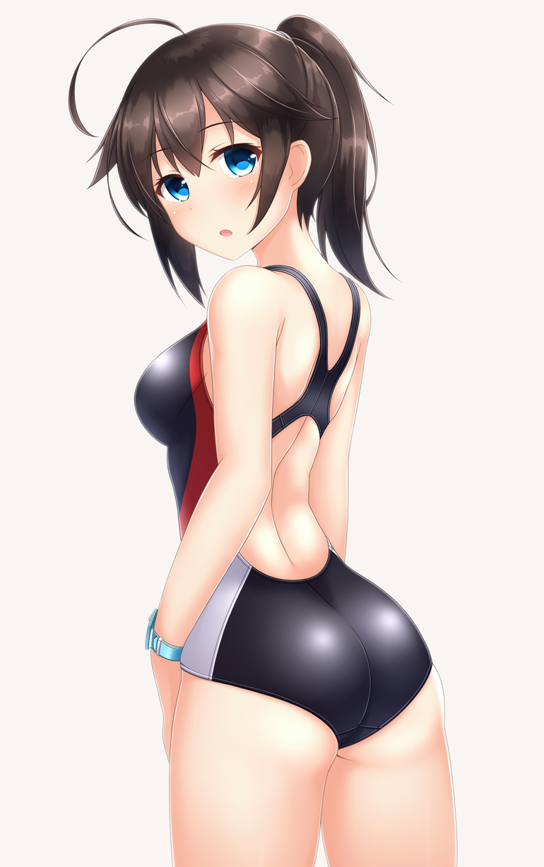 1girl ahoge alternate_hairstyle ass bare_arms bare_shoulders blue_eyes brown_hair from_behind grey_background hair_between_eyes highres kantai_collection open_mouth shigure_(kantai_collection) shirasawa_kazane short_hair simple_background solo swimsuit tied_hair watch