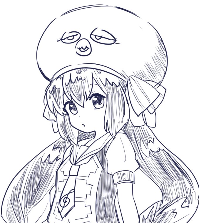 1girl animal_hat arms_at_sides braid buttons dot_nose eel_hat expressionless hair_between_eyes hat hat_ribbon long_hair looking_at_viewer low_twintails monochrome necktie otomachi_una puckered_lips puffy_short_sleeves puffy_sleeves ribbon sailor_collar shirt short_sleeves sidelocks simple_background sketch sleeve_cuffs solo sunege_kanon treble_clef twin_braids twintails upper_body very_long_hair vocaloid white_background