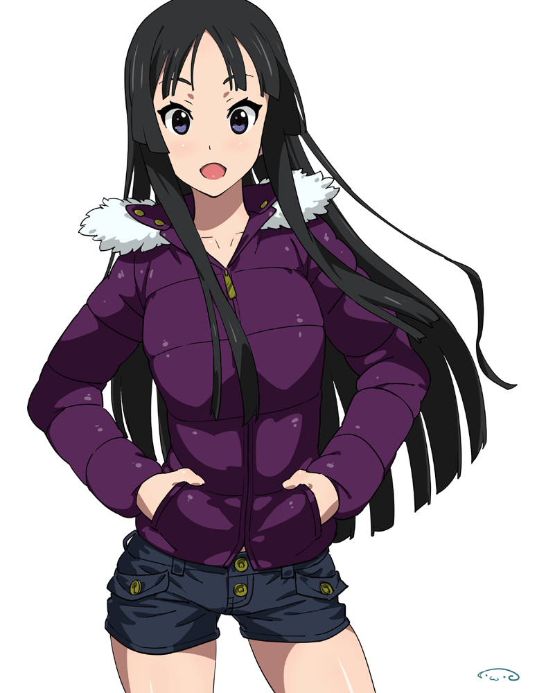 1girl akiyama_mio bangs black_hair blue_eyes cowboy_shot hands_in_pockets jacket k-on! legs_apart long_hair looking_at_viewer open_mouth parka revision short_shorts shorts signature simple_background smile straight_hair suna thighs white_background