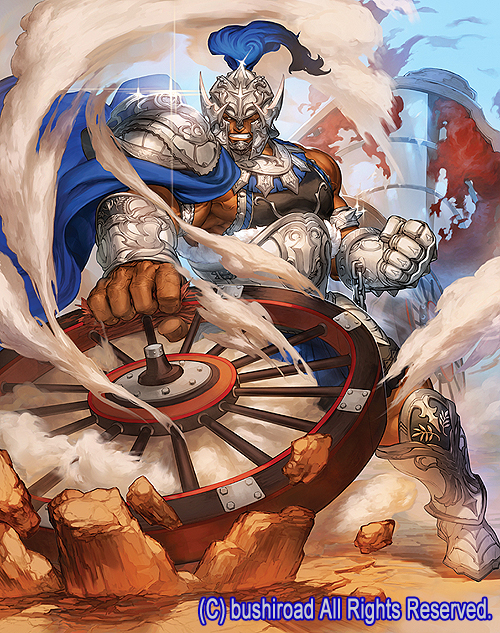 1boy armor armored_boots azusa_(hws) boots cape cardfight!!_vanguard company_name helmet male_focus muscle official_art one_eye_closed rock seeker_gigantech_driver sky solo teeth toned wheel