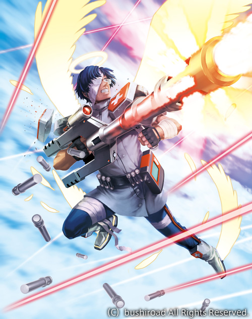 1boy bandage bandage_over_one_eye blue_hair boots bullet cardfight!!_vanguard clouds cloudy_sky clutch_rifle_angel company_name feathered_wings feathers fingerless_gloves funbolt glasses gloves gun male_focus official_art sky solo teeth weapon wings