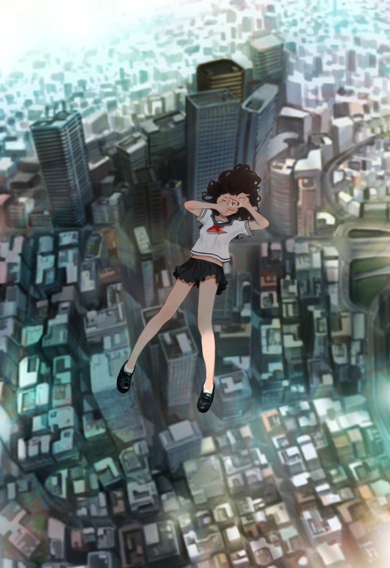 1girl black_hair black_shoes black_skirt blue_eyes building city cityscape commentary_request covered_mouth day falling finger_frame floating_hair from_above full_body hands_up loafers long_hair looking_at_viewer midair miniskirt neckerchief one_eye_closed original outdoors pleated_skirt sailor_collar school_uniform serafuku shirt shoes short_sleeves skirt skyscraper socks solo somehira_katsu white_legwear white_shirt wind