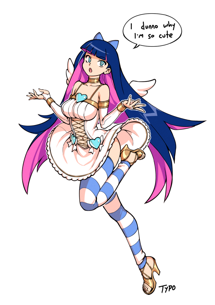 1girl blue_eyes bow breasts bridal_gauntlets dress english feet full_body hair_bow heart high_heels highres large_breasts long_hair looking_at_viewer multicolored_hair navel open_mouth open_toe_shoes panty_&amp;_stocking_with_garterbelt shoes simple_background solo speech_bubble stocking_(psg) striped striped_legwear thigh-highs toes two-tone_hair typo_(requiemdusk) white_background white_dress