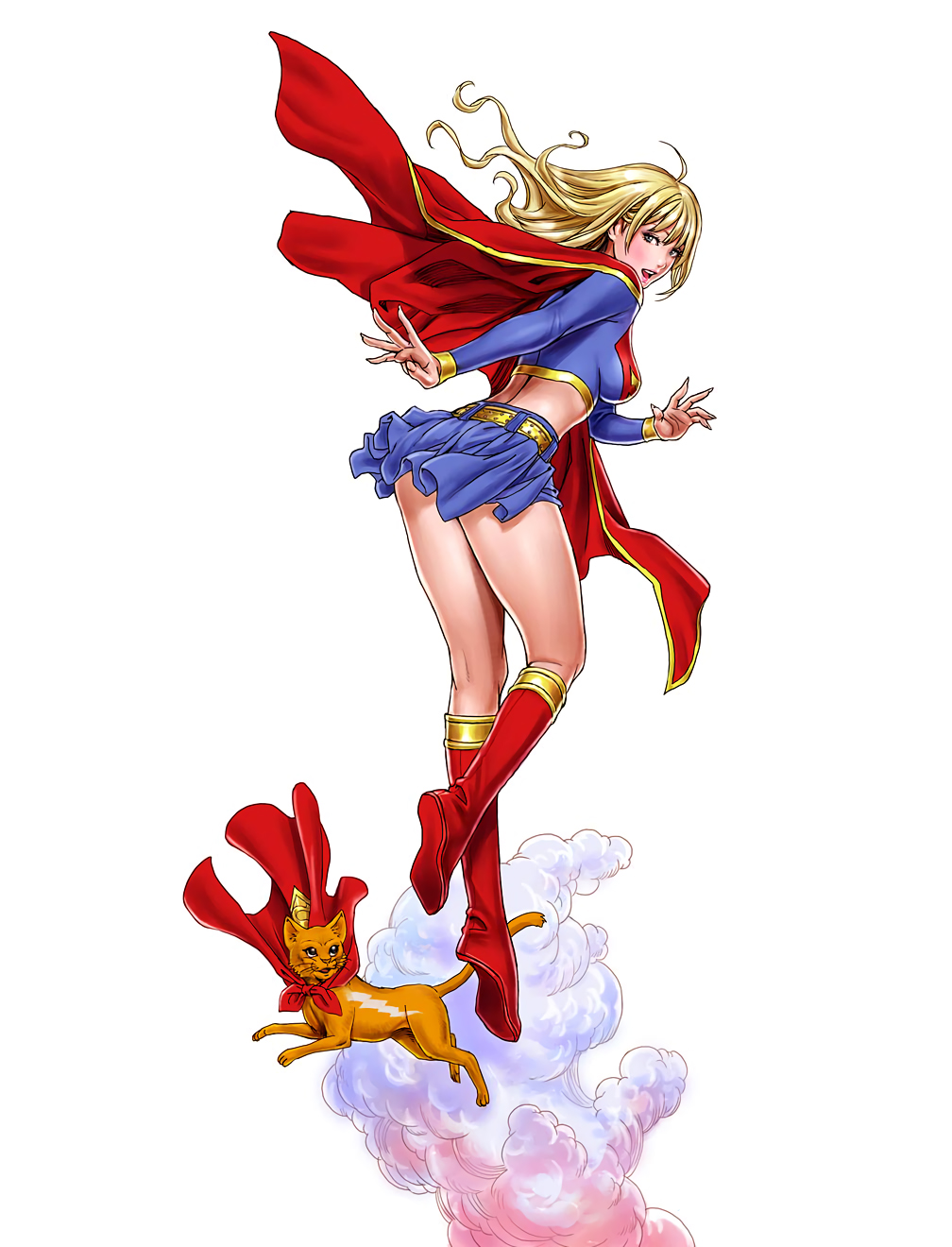 1girl bangs belt blonde_hair blue_skirt boots breasts cape cat dc_comics female floating_hair full_body gold_trim highres knee_boots long_hair long_sleeves looking_at_viewer looking_back medium_breasts midriff miniskirt open_mouth red_boots red_cape red_footwear simple_background skirt solo supergirl thighs upper_teeth white_background wind wind_lift yamashita_shun'ya