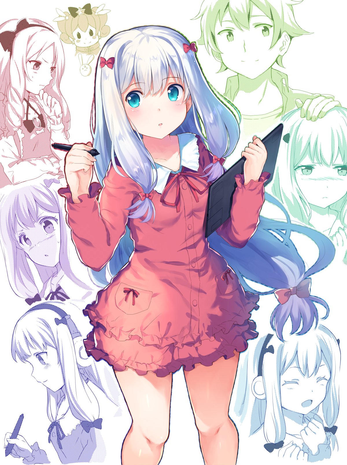 1boy 2girls ^_^ abusoru aqua_eyes bangs blue_hair blush bow closed_eyes closed_mouth eromanga_sensei eyebrows_visible_through_hair hair_bow hands_up happy headphones highres holding izumi_masamune izumi_sagiri multiple_girls multiple_monochrome multiple_views open_mouth pajamas parted_lips patting pink_bow silver_hair stylus tablet yamada_elf