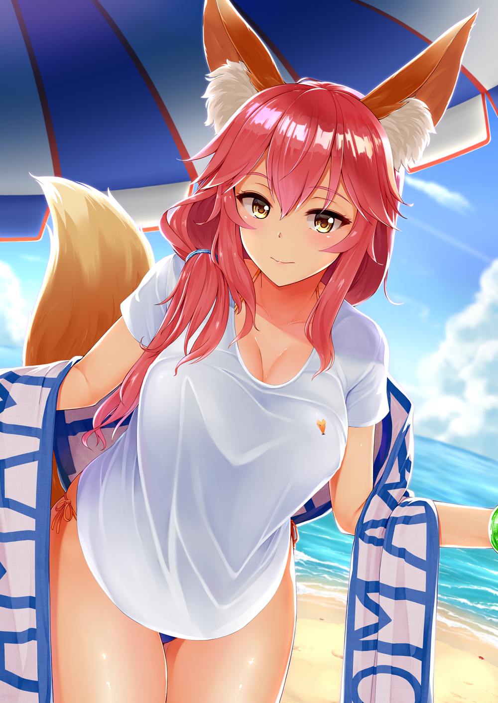 1girl animal_ears beach breasts cleavage day fate/extra fate_(series) fox_ears fox_tail highres long_hair navel ocean outdoors pink_hair shirt short_sleeves solo t-shirt tail tamamo_(fate)_(all) tamamo_no_mae_(swimsuit_lancer)_(fate) tomojo towel wet yellow_eyes