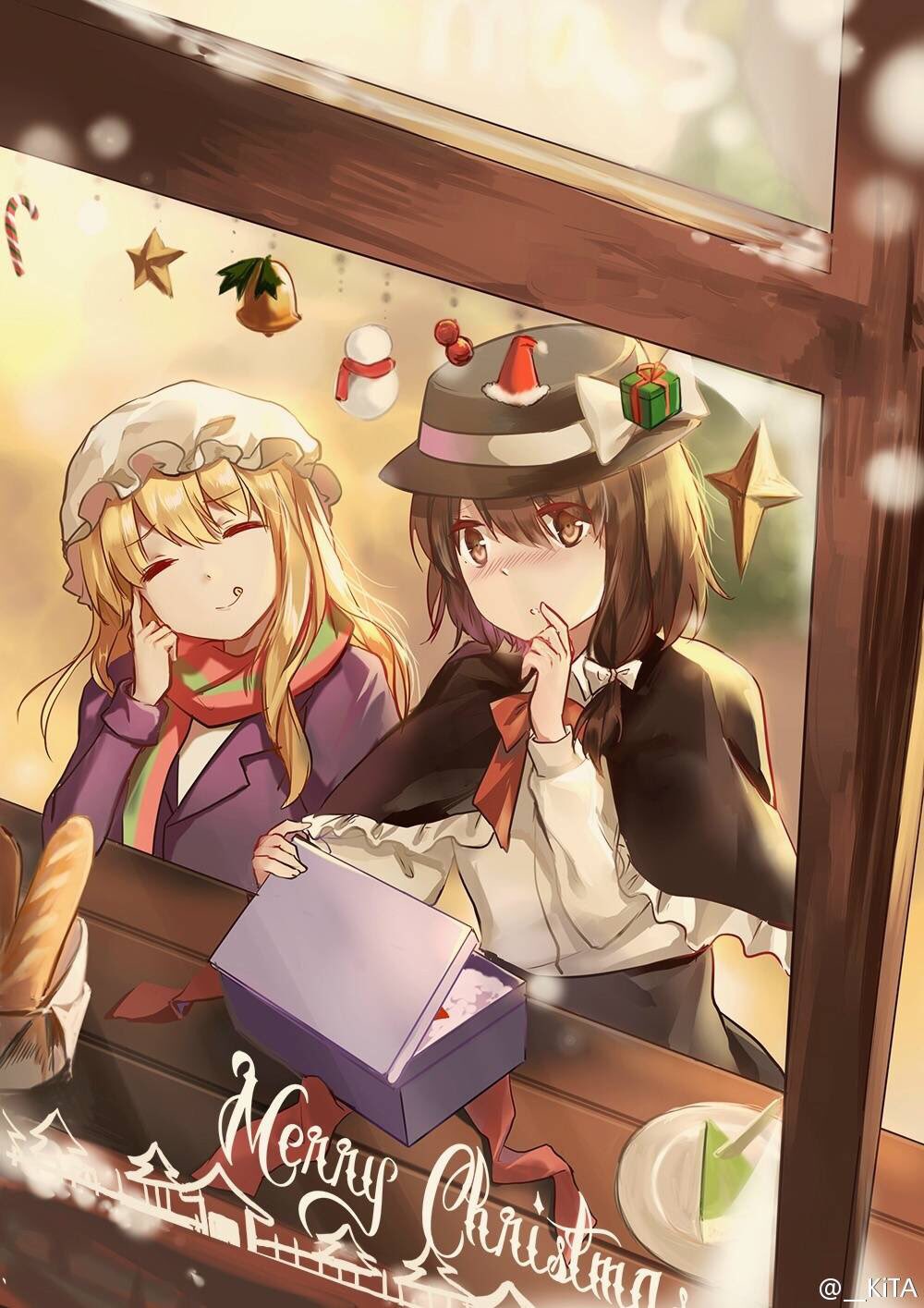 2girls :o baguette bell black_hat blush bow bread brown_eyes cake candy candy_cane closed_eyes elise_(piclic) eyebrows_visible_through_hair food gift green_scarf hair_bow hat highres looking_away maribel_hearn merry_christmas mistletoe multiple_girls open_mouth plate red_bow red_ribbon red_scarf ribbon santa_hat scarf snowman star tongue tongue_out touhou usami_renko white_bow yakumo_yukari