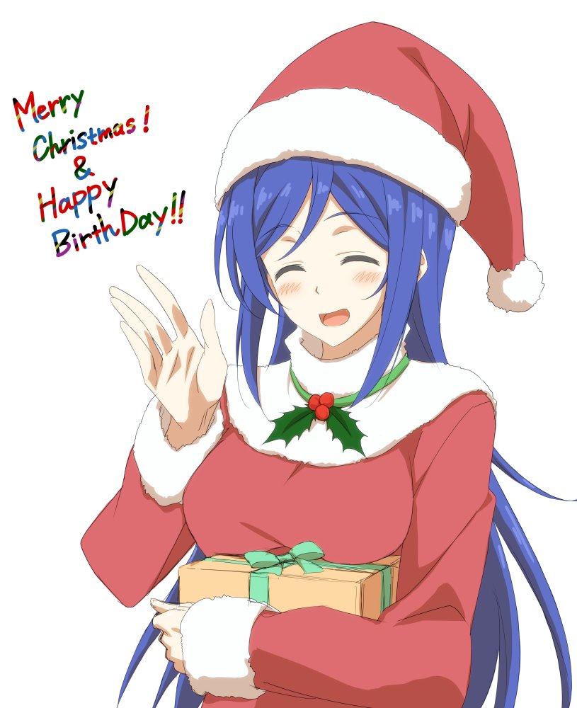 1girl :d blue_hair blush gift happy_birthday hat joukamachi_no_dandelion kobayashi_shinpei long_hair merry_christmas mistletoe open_mouth sakurada_aoi santa_hat simple_background smile solo waving white_background