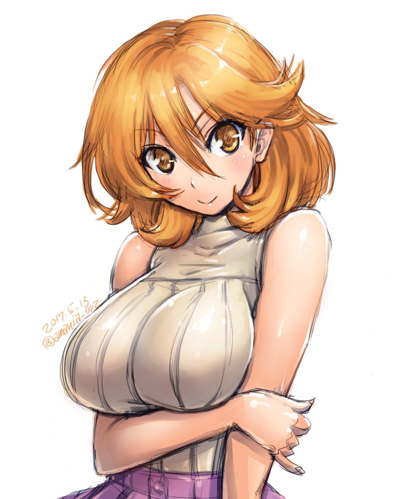 &gt;:) amania_orz bare_arms bare_shoulders breast_hold breasts character_request closed_mouth dated hair_between_eyes large_breasts orange_eyes orange_hair ribbed_shirt shirt short_hair sketch sleeveless sleeveless_turtleneck tomica_hyper_rescue_drive_head:_kidou_kyuukyuu_keisatsu turtleneck twitter_username upper_body