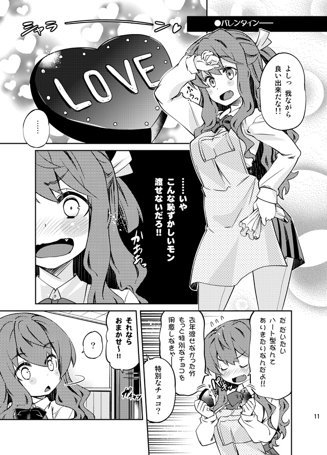 1girl apron blush bubble_background chocolate chocolate_heart comic fang greyscale heart imu_sanjo kantai_collection long_hair monochrome naganami_(kantai_collection) pastry_bag solo translation_request wavy_hair wiping_forehead