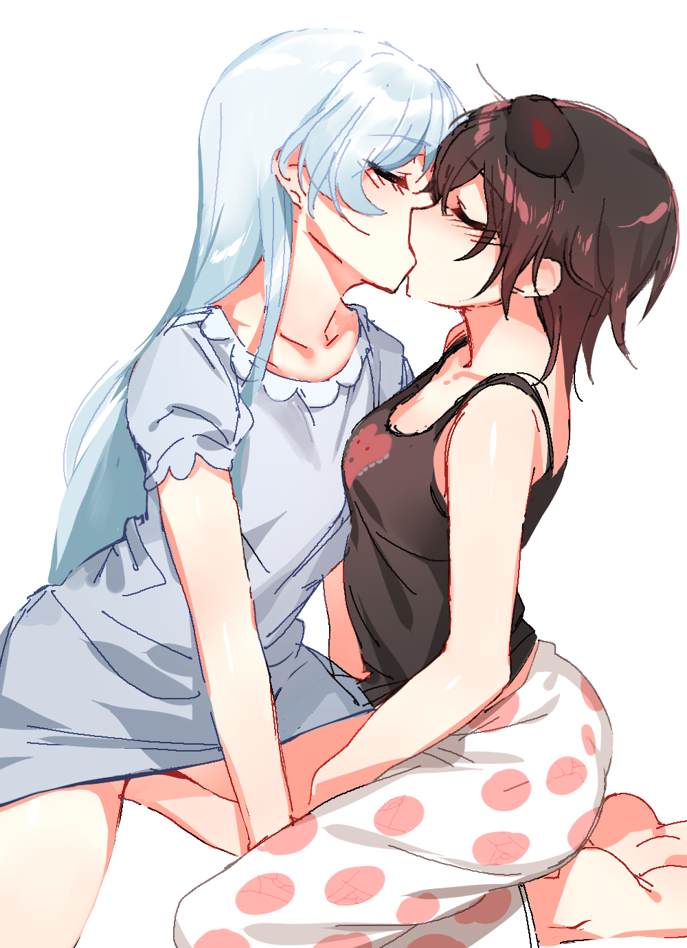 2girls arm_support blush brown_hair closed_eyes highres kiss long_hair multiple_girls ndgd_(bean1215) nightgown polka_dot polka_dot_legwear ruby_rose rwby short_hair silver_hair sitting sketch sleep_mask sleepwear tank_top thighs wariza weiss_schnee white_background yuri