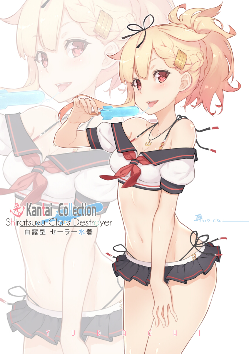 1girl 2017 adam700403 bangs bare_shoulders black_ribbon blonde_hair braid breasts character_name dated eyebrows eyebrows_visible_through_hair food hair_ribbon highres holding ice_cream jewelry kantai_collection looking_at_viewer miniskirt navel necklace open_mouth ponytail red_eyes revision ribbon school_uniform serafuku short_hair short_sleeves skirt small_breasts solo teeth yuudachi_(kantai_collection) zoom_layer
