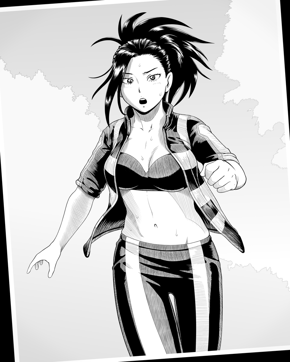 1girl akim_x black_hair blush boku_no_hero_academia breasts cleavage collarbone greyscale highres jacket looking_at_viewer medium_breasts midriff monochrome navel open_clothes open_mouth pants ponytail solo solo_focus sports_bra stomach sweat track_jacket track_pants track_suit walking yaoyorozu_momo