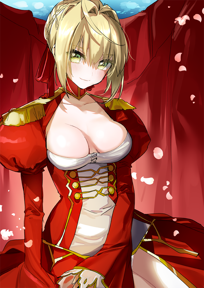 1girl blonde_hair blush bow braid breasts cleavage collarbone epaulettes eyebrows_visible_through_hair eyelashes fate/extra fate_(series) green_eyes hair_bow hair_intakes juliet_sleeves long_sleeves looking_at_viewer looking_to_the_side medium_breasts petals puffy_sleeves red_bow saber_extra sitting smile solo wide_sleeves yan'yo_(yan'yan'yo)