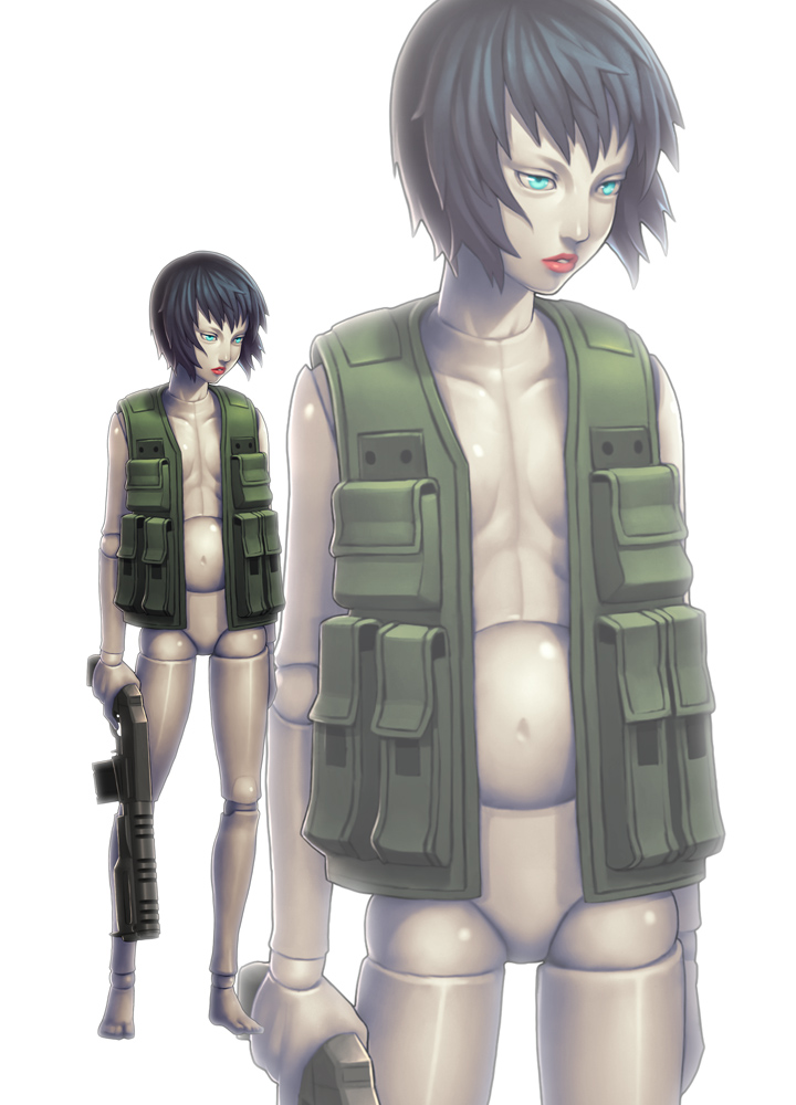 1girl android black_hair blue_eyes cyberpunk cyborg doll_joints ghost_in_the_shell ghost_in_the_shell:_innocence glowing glowing_eyes gun ikegami_noroshi kusanagi_motoko lips realistic shotgun solo spoilers vest weapon