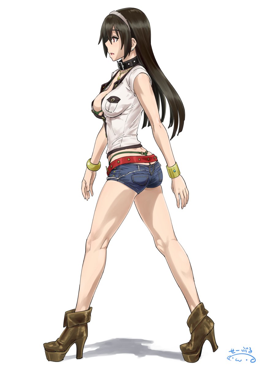 1girl alternate_costume artist_name ass bangs bare_shoulders belt bikini black_collar blue_shorts braid breast_pocket breasts brown_eyes brown_hair brown_shoes collar denim denim_shorts earrings fingernails from_side full_body green_bikini grey_hairband hairband high_heels highres jewelry kantai_collection large_breasts long_hair medium_breasts nagato_(kantai_collection) necklace o-ring_bikini o-ring_bottom open_mouth pocket red_belt shirt shoes short_shorts shorts sideboob sideways_mouth simple_background sleeveless sleeveless_shirt solo stud_earrings studded_belt suna swimsuit thong unbuttoned unbuttoned_shirt walking whale_tail white_background white_shirt