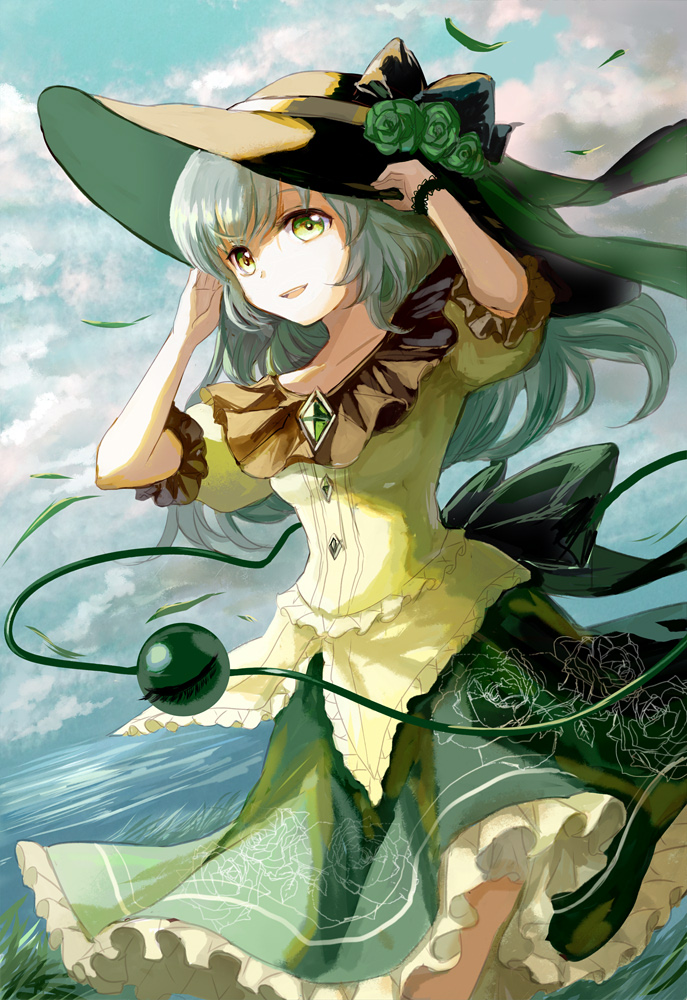 1girl amulet bracelet clouds dutch_angle floral_print frilled_skirt frilled_sleeves frills grass green_eyes hands_up hat horizon jewelry keiko_(mitakarawa) komeiji_koishi long_hair looking_at_viewer open_mouth silver_hair skirt sky smile solo touhou water wind