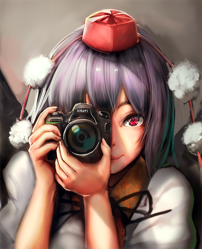 1girl bird_wings black_hair black_ribbon black_wings camera hair_between_eyes hat jubakurei looking_at_viewer neck_ribbon pom_pom_(clothes) red_eyes ribbon shameimaru_aya short_hair smile solo tokin_hat touhou upper_body wings