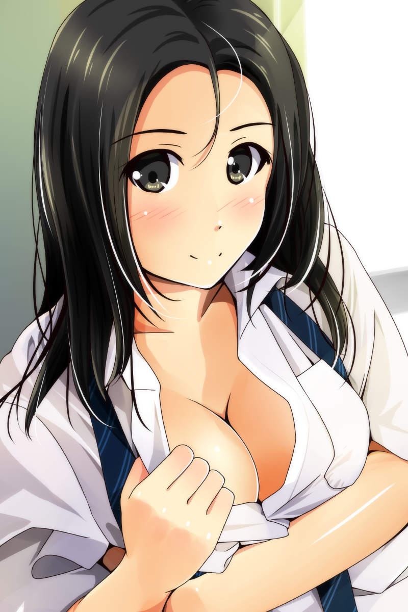 1girl bangs black_eyes black_hair blush breast_hold breasts cleavage closed_mouth collarbone eyebrows eyebrows_visible_through_hair hair_between_eyes highres long_hair looking_at_viewer matsunaga_kouyou medium_breasts no_bra original shirt shirt_pull smile solo upper_body white_shirt