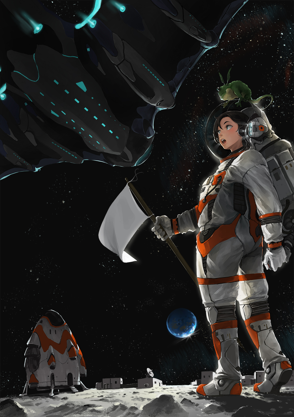 1girl :o animal animal_on_head antennae astronaut brown_hair chameleon commentary_request earth flag from_behind gloves hair_between_eyes helmet highres holding holding_flag lips looking_afar moon nose on_head open_mouth original planet radio_antenna science_fiction short_hair sky smile solo somehira_katsu space space_craft spacesuit star_(sky) starry_sky teeth tongue upper_teeth walking white_flag white_gloves