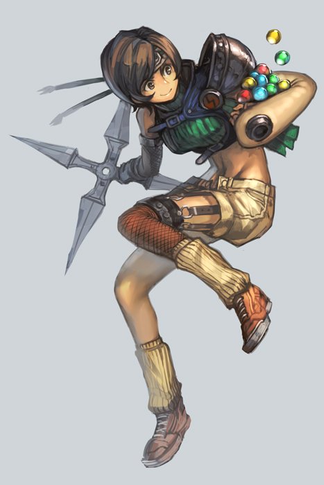 1girl closed_mouth final_fantasy final_fantasy_vii fishnets full_body grey_background hankuri headband huge_weapon leg_warmers materia medium_breasts midriff ninja shoes short_hair shorts shoulder_armor shuriken simple_background sneakers solo turtleneck weapon yuffie_kisaragi