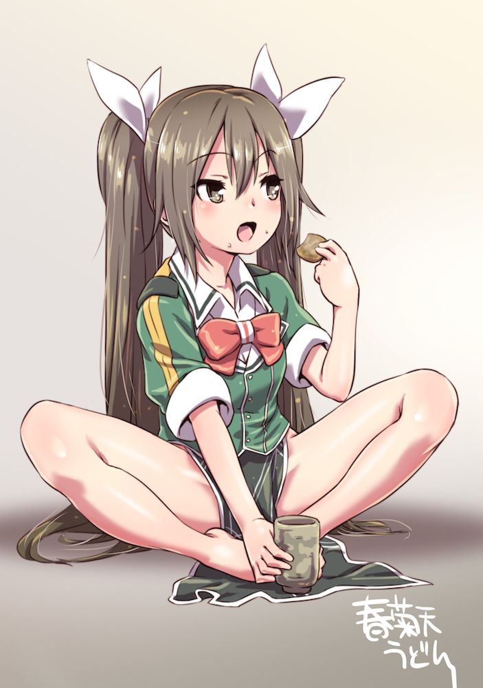 1girl artist_name barefoot black_eyes bow bowtie brown_hair cookie cup eating feet feet_together food food_on_face gradient gradient_background hair_between_eyes hair_ribbon indian_style kantai_collection long_hair no_gloves open_mouth pelvic_curtain red_bow red_bowtie remodel_(kantai_collection) ribbon short_sleeves shungikuten sitting solo tone_(kantai_collection) twintails white_ribbon yunomi