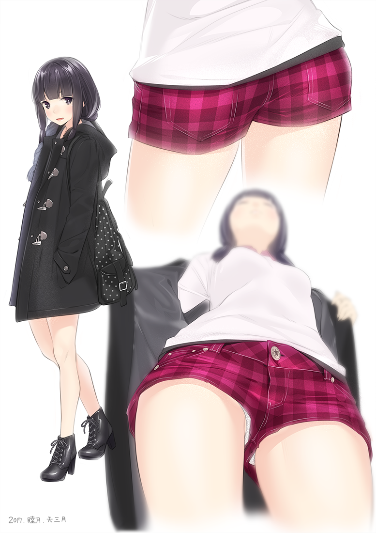 1girl alternate_costume ama_mitsuki ass bangs black_eyes black_footwear black_hair blunt_bangs blurry braid breasts buttons coat commentary dated denim denim_shorts from_below full_body gluteal_fold hair_over_shoulder hands_in_pockets high_heels jacket kantai_collection kitakami_(kantai_collection) long_hair looking_at_viewer multiple_views open_clothes open_jacket open_mouth panties pantyshot pantyshot_(standing) plaid plaid_shorts red_shorts shorts sidelocks single_braid small_breasts standing thighs underwear upshorts white_panties winter_clothes winter_coat