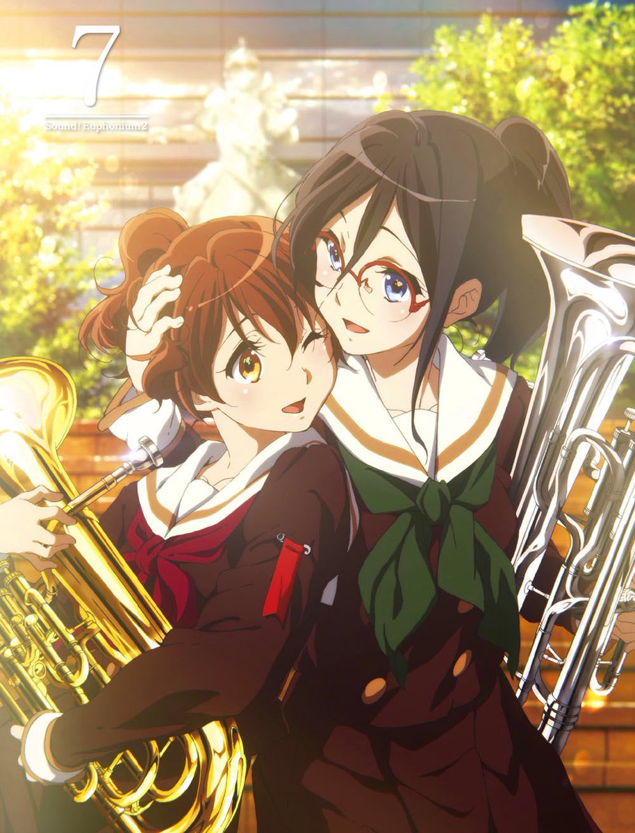 2girls :d ;d bangs black_hair blue_eyes blurry bow brown_eyes brown_hair brown_serafuku building collarbone cover cowboy_shot depth_of_field downscaled dvd_cover euphonium evening female glasses green_bow green_neckerchief green_ribbon hair_between_eyes hand_on_another's_head happy head_hug hibike!_euphonium high_resolution highres holding_instrument hug ikeda_shouko instrument kyoto_animation lens_flare long_hair long_sleeves looking_at_another md5_mismatch multiple_girls mutual_yuri neck neck_ribbon neckerchief official_art one_eye_closed open_mouth oumae_kumiko outdoors pleated_skirt ponytail red-framed_eyewear red-framed_glasses red_neckerchief resized ribbon sailor_collar school_uniform semi-rimless_glasses serafuku short_hair skirt smile stairs standing sunlight tanaka_asuka tied_hair tree white_sailor_collar wince yellow_eyes yuri