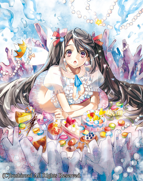 1girl biscuit bow brown_hair bubble cake cardfight!!_vanguard center_opening company_name coral crown food long_hair macaron mermaid monster_girl official_art open_mouth pink_eyes shell_hair_ornament solo sweet_harmony_mona tibino twintails underwater